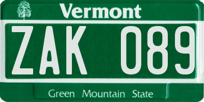 VT license plate ZAK089
