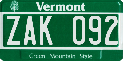 VT license plate ZAK092