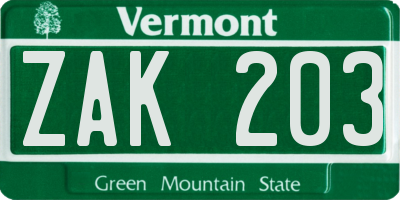 VT license plate ZAK203