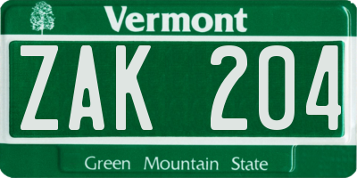 VT license plate ZAK204