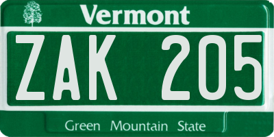 VT license plate ZAK205