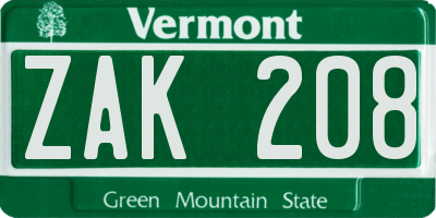 VT license plate ZAK208