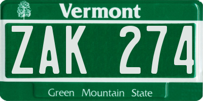 VT license plate ZAK274