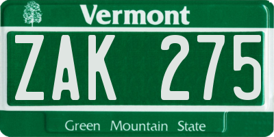VT license plate ZAK275