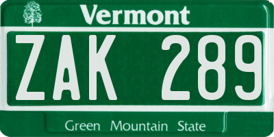 VT license plate ZAK289