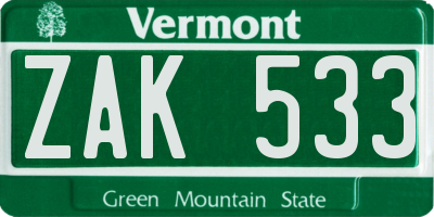 VT license plate ZAK533