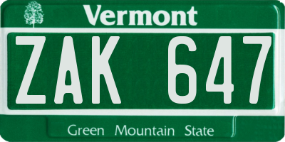 VT license plate ZAK647