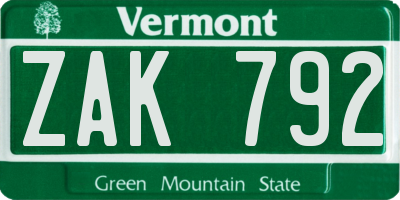 VT license plate ZAK792