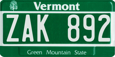 VT license plate ZAK892