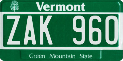 VT license plate ZAK960