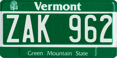 VT license plate ZAK962