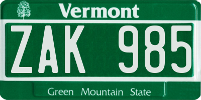 VT license plate ZAK985