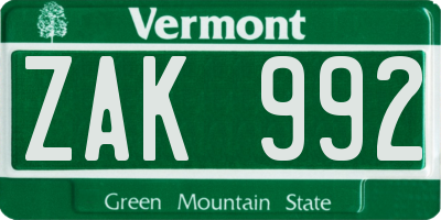 VT license plate ZAK992