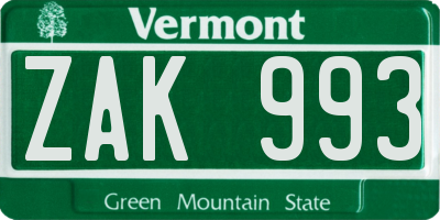 VT license plate ZAK993