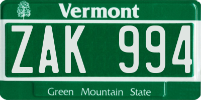 VT license plate ZAK994