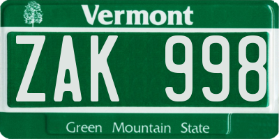 VT license plate ZAK998