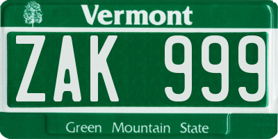 VT license plate ZAK999