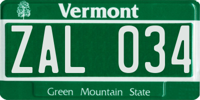 VT license plate ZAL034