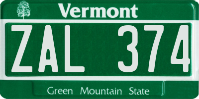 VT license plate ZAL374