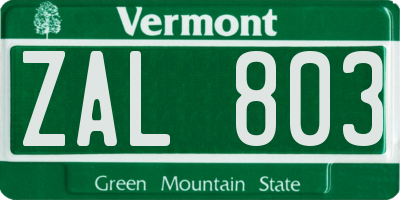VT license plate ZAL803