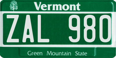 VT license plate ZAL980