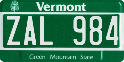 VT license plate ZAL984