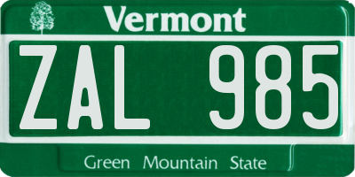 VT license plate ZAL985
