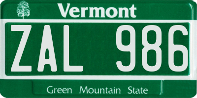 VT license plate ZAL986