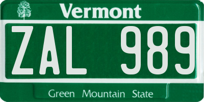 VT license plate ZAL989