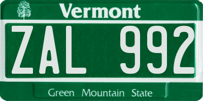 VT license plate ZAL992