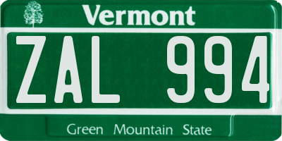 VT license plate ZAL994