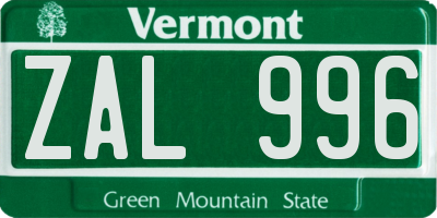 VT license plate ZAL996