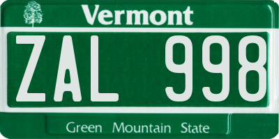 VT license plate ZAL998