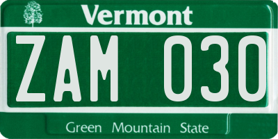 VT license plate ZAM030