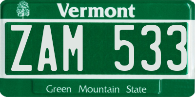 VT license plate ZAM533