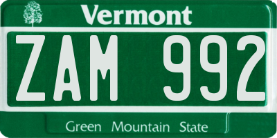 VT license plate ZAM992