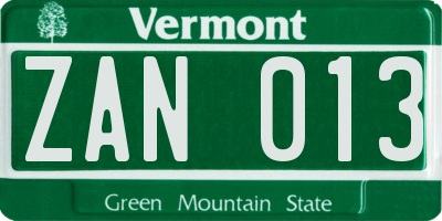 VT license plate ZAN013