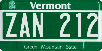 VT license plate ZAN212