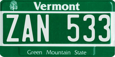 VT license plate ZAN533