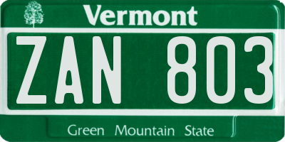 VT license plate ZAN803
