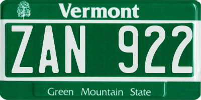 VT license plate ZAN922
