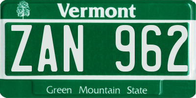 VT license plate ZAN962