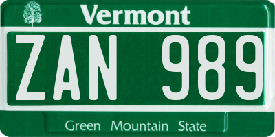 VT license plate ZAN989