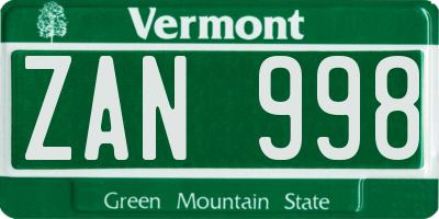 VT license plate ZAN998
