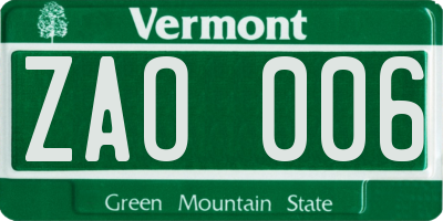 VT license plate ZAO006