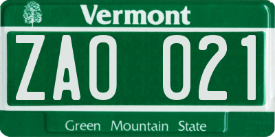 VT license plate ZAO021