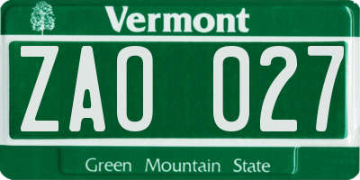 VT license plate ZAO027