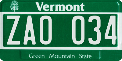 VT license plate ZAO034