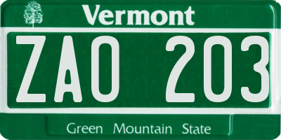 VT license plate ZAO203