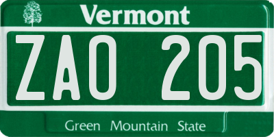 VT license plate ZAO205